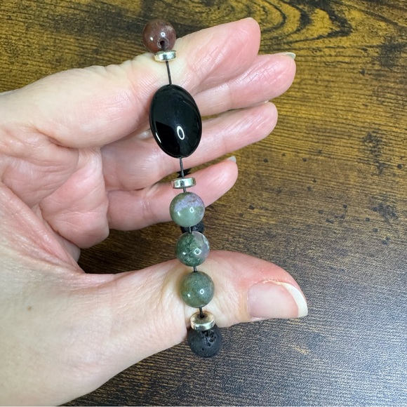 Lava Rock and Green Agate Beaded Stretch Bracelet with Black Stone Boho Chic - Picture 5 of 9